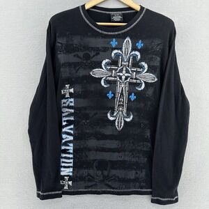 Y2K No Boundaries Affliction Style Salvation Black Shirt SZ XL VTG Skull Cross